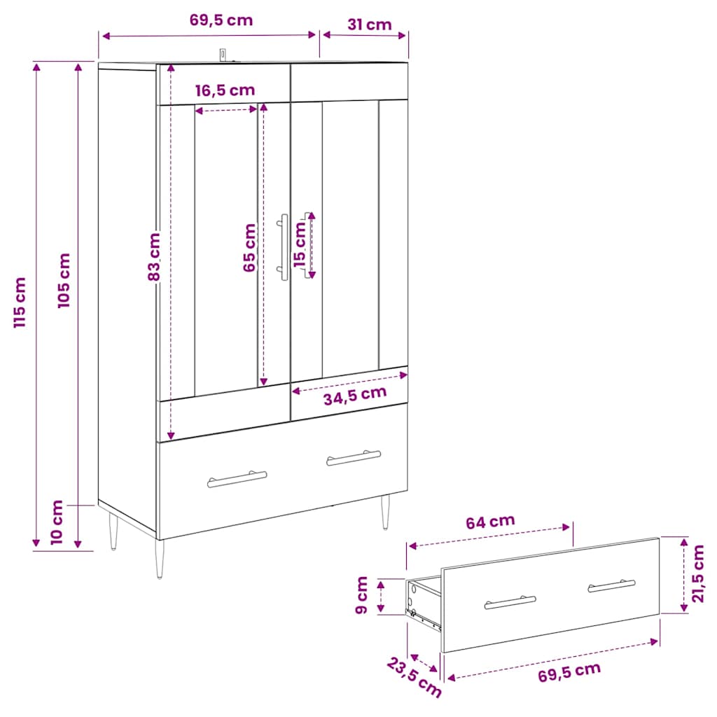 Highboard s ladicama Umjetnički hrast 69,5 x 31 x 115 cm