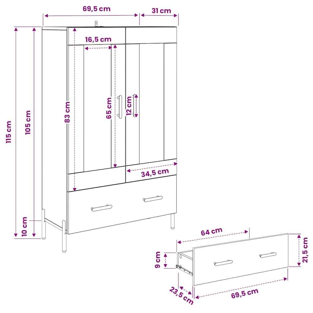 Highboard s ladicama Corona Staro drvo 69,5 x 31 x 115 cm