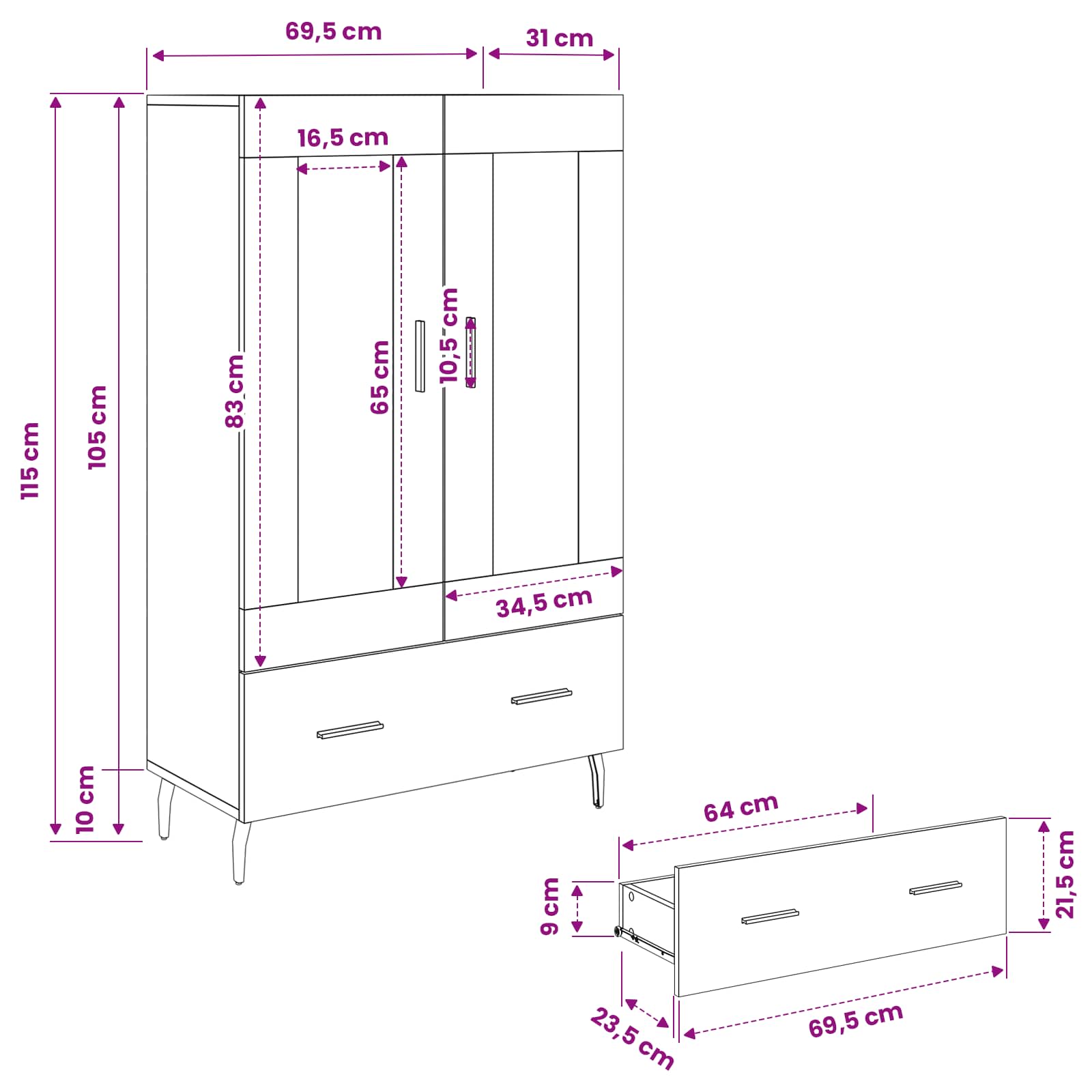 Highboard Crni hrast 69,5 x 31 x 115 cm Konstruirano drvo