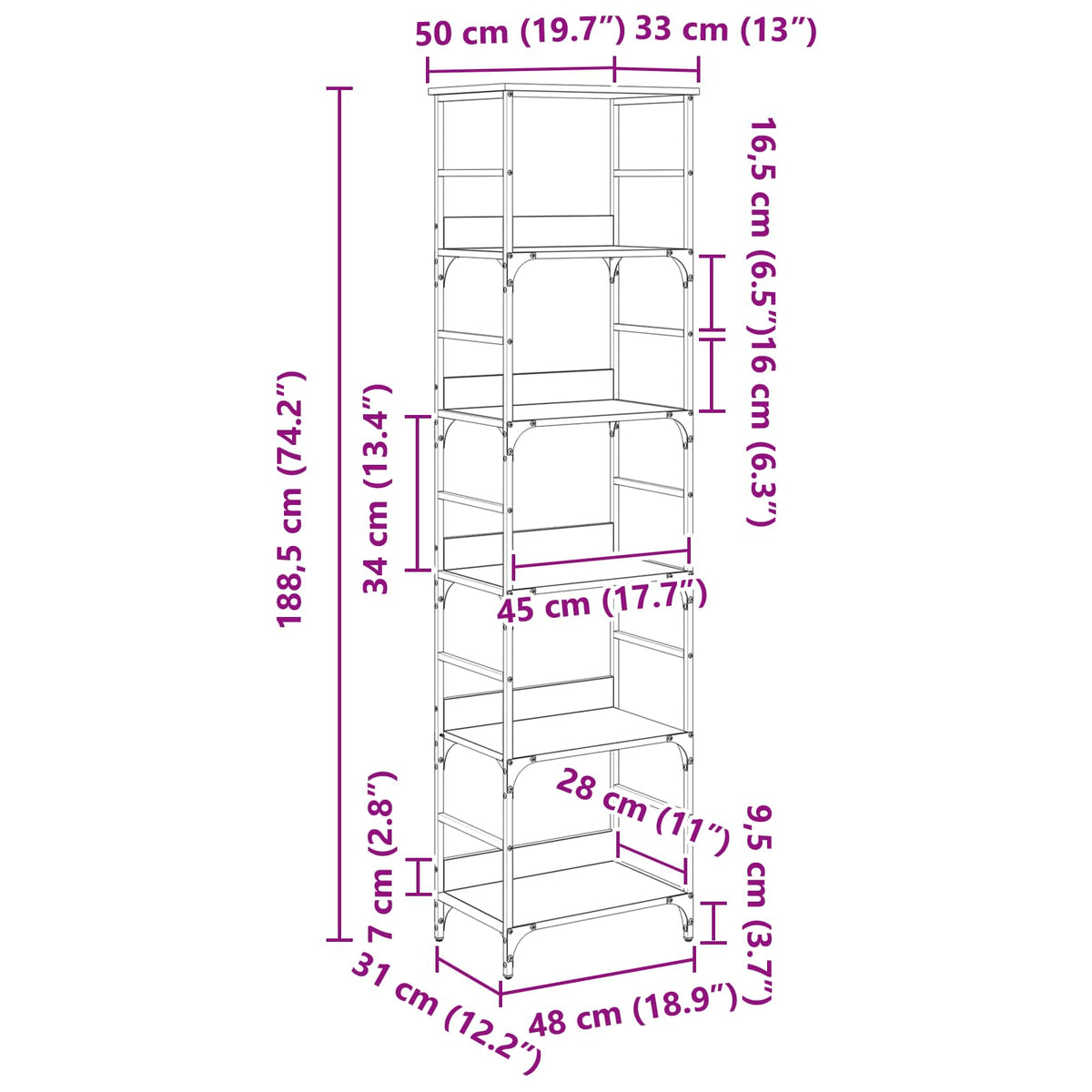 Polica Crni hrast 50 x 33 x 188,5 cm Konstruirano drvo