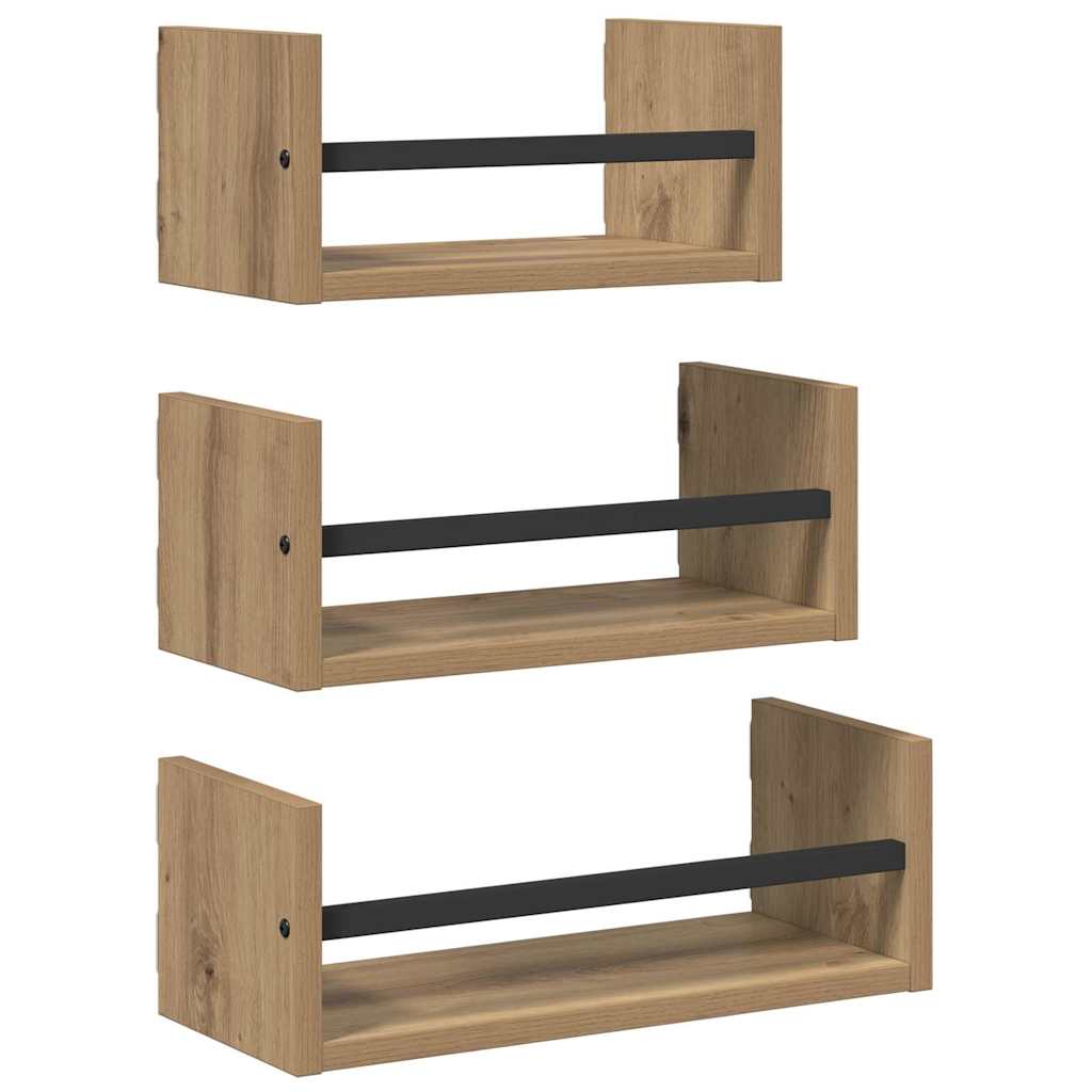 Set zidnih polica s policom 3 pcs Umjetnički hrast 40x16x14cm