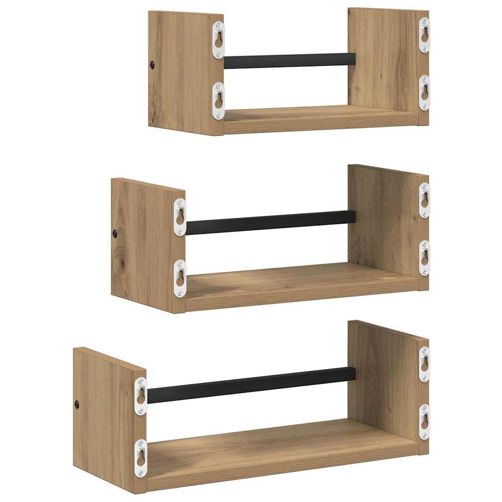 Set zidnih polica s policom 3 pcs Umjetnički hrast 40x16x14cm
