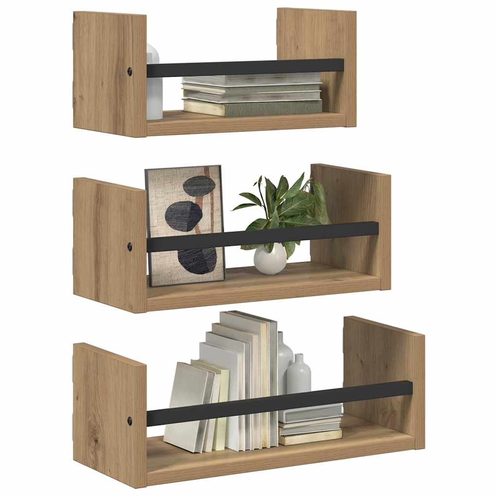 Set zidnih polica s policom 3 pcs Umjetnički hrast 40x16x14cm