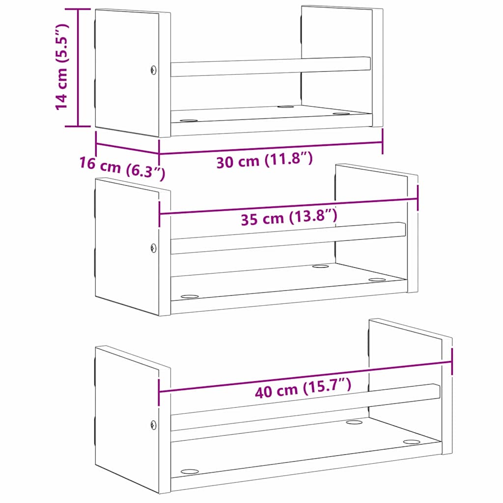 Set zidnih polica s policom 3 pcs Umjetnički hrast 40x16x14cm