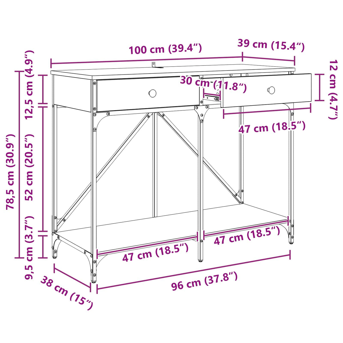 Konzolna stolica s ladicama Crni hrast 100 x 39 x 78,5 cm