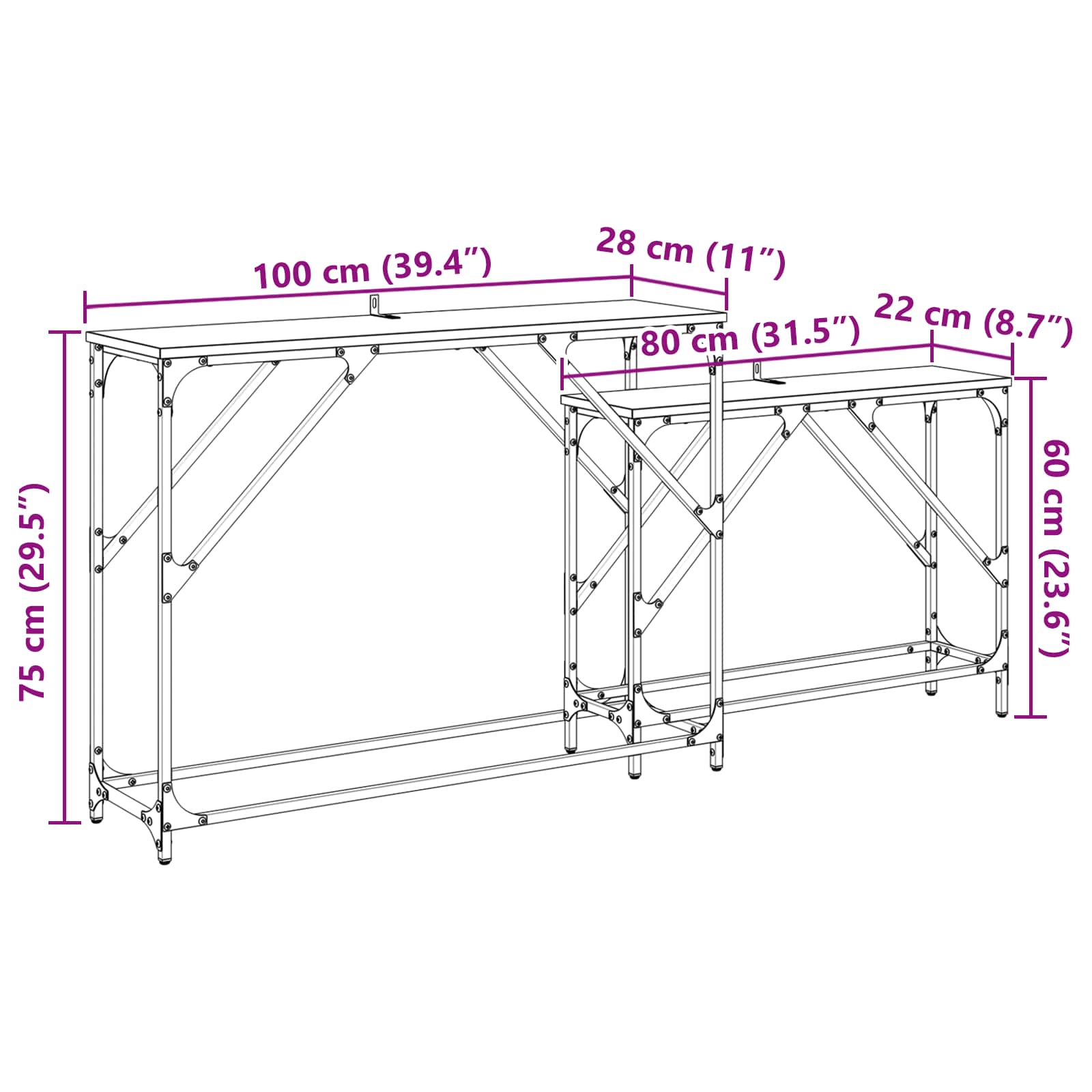 Konzolna stolica 2 pcs Staro drvo 100 x 28 x 75 cm