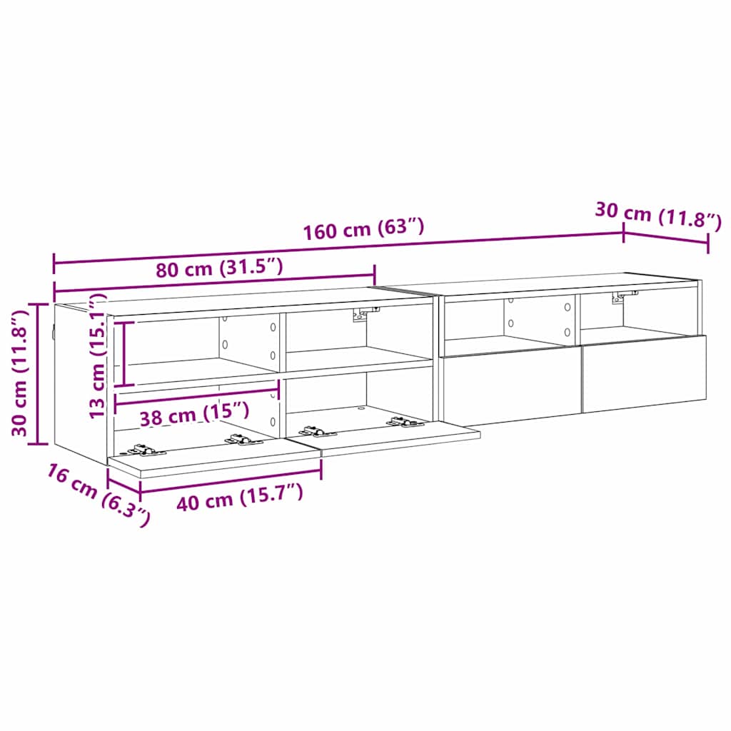 TV zidni ormari Zidne 2 pcs Crni hrast 80 x 30 x 30 cm