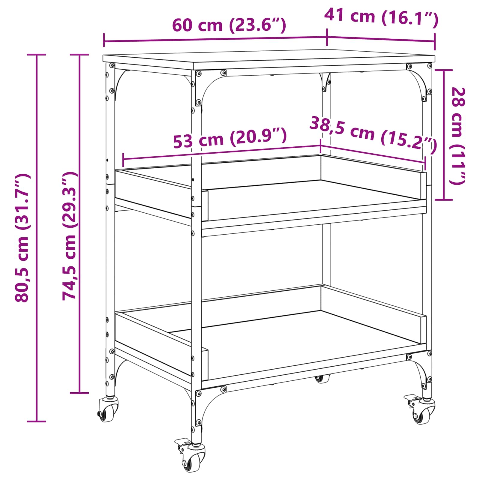 Kuhinjski kolica Staro drvo 60 x 41 x 80.5 cm Konstruirano drvo