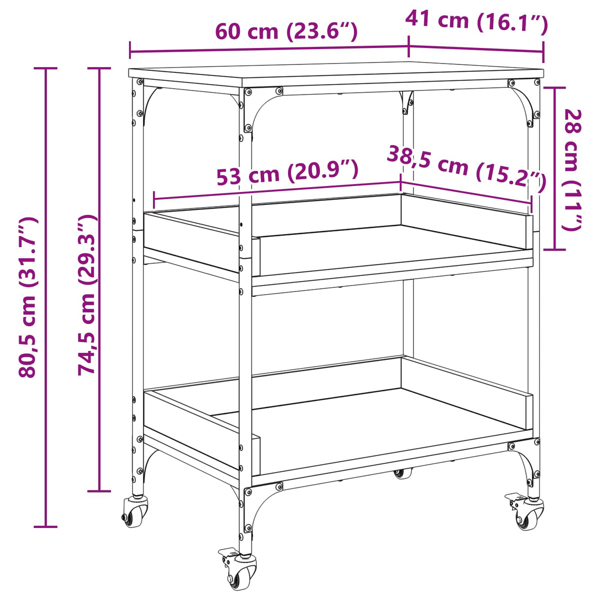 Kuhinjski kolica Crni hrast 60 x 41 x 80.5 cm Konstruirano drvo