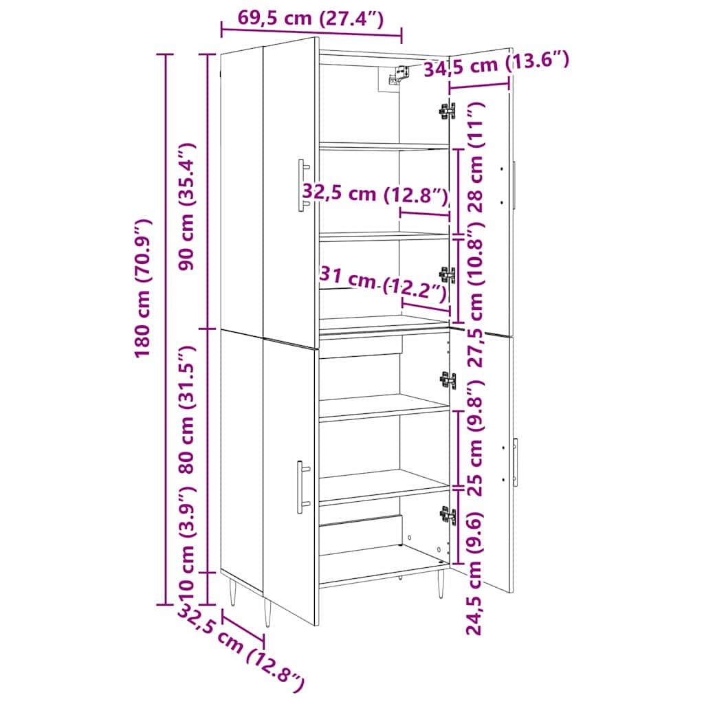 Highboard Zidne Staro drvo 69,5 x 34 x 180 cm Konstruirano drvo