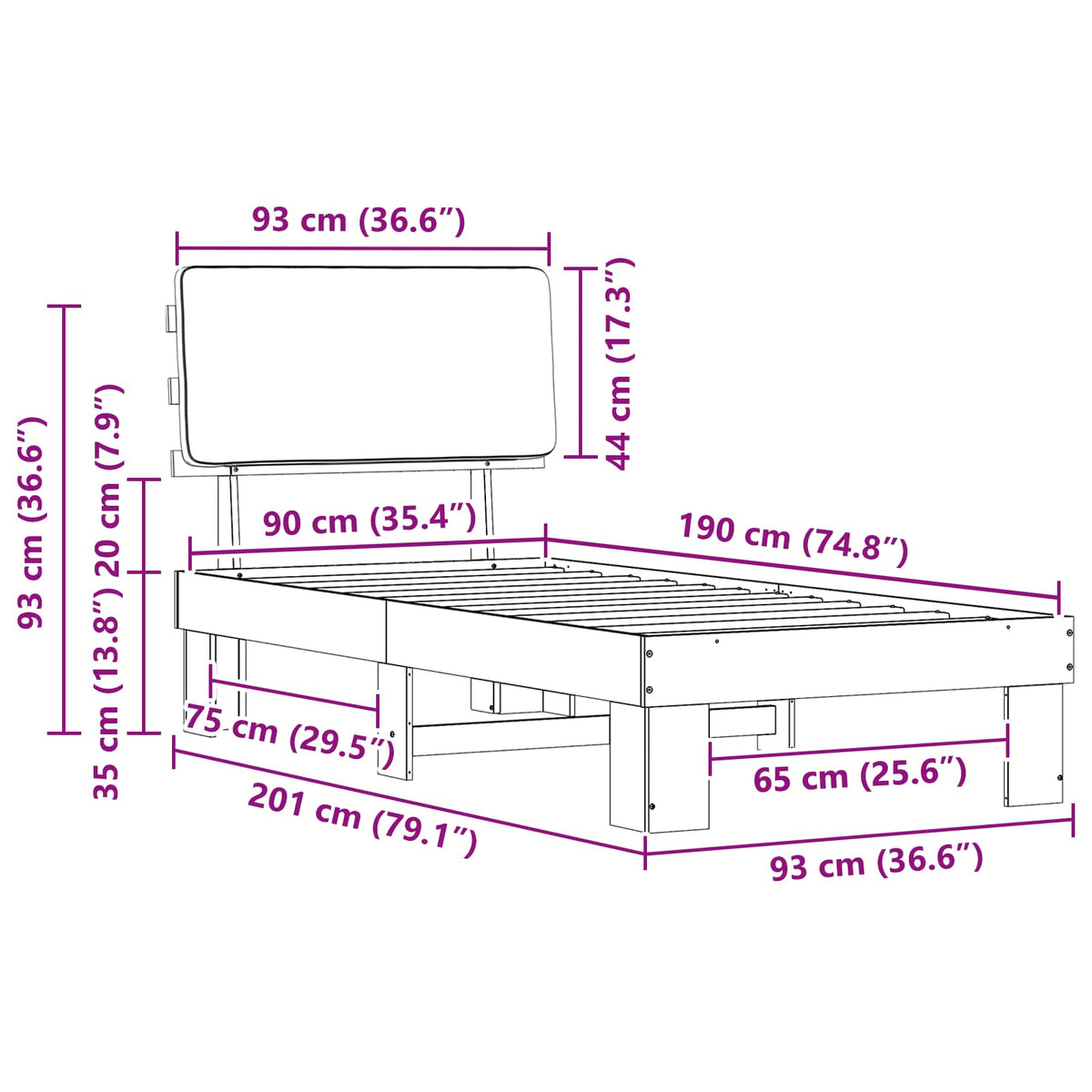 Krevetni okvir s tapiciranim uzglavljem Tamno siva 90 x 190 cm