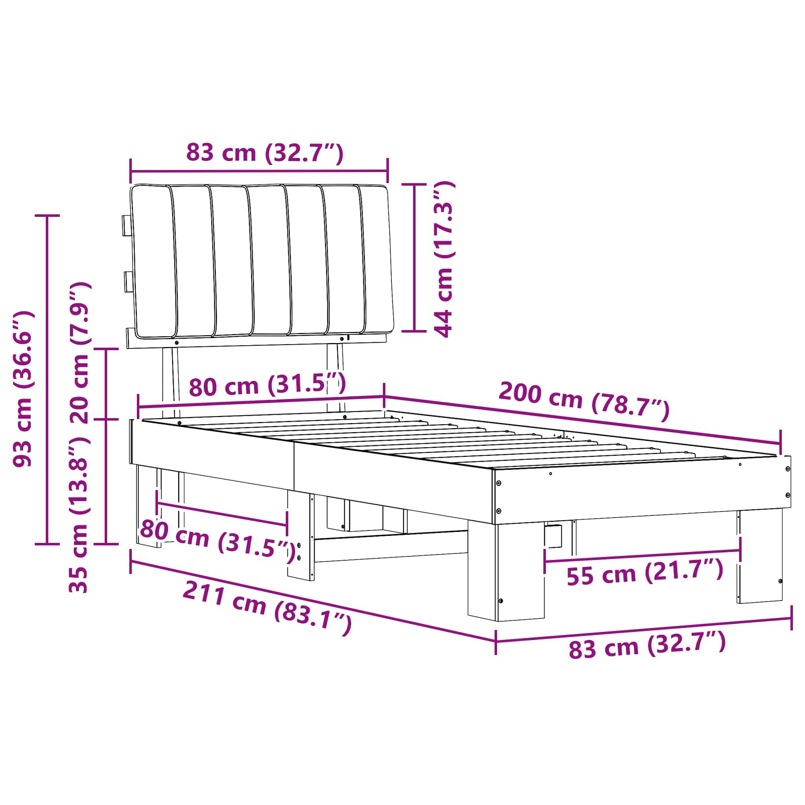 Krevetni okvir s tapiciranim uzglavljem Tamno siva 80 x 200 cm