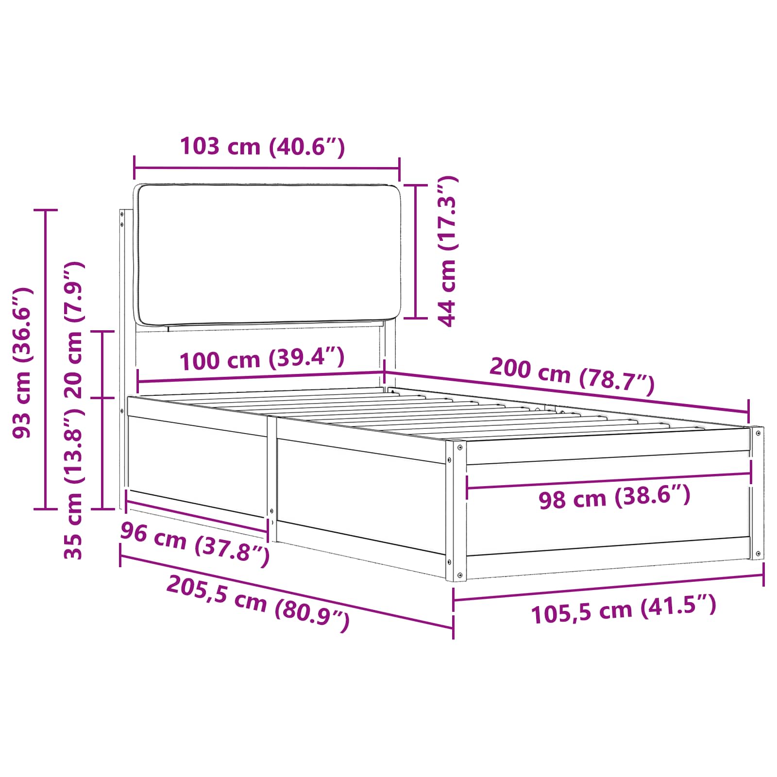 Krevetni okvir s tapiciranim uzglavljem Crna 100 x 200 cm