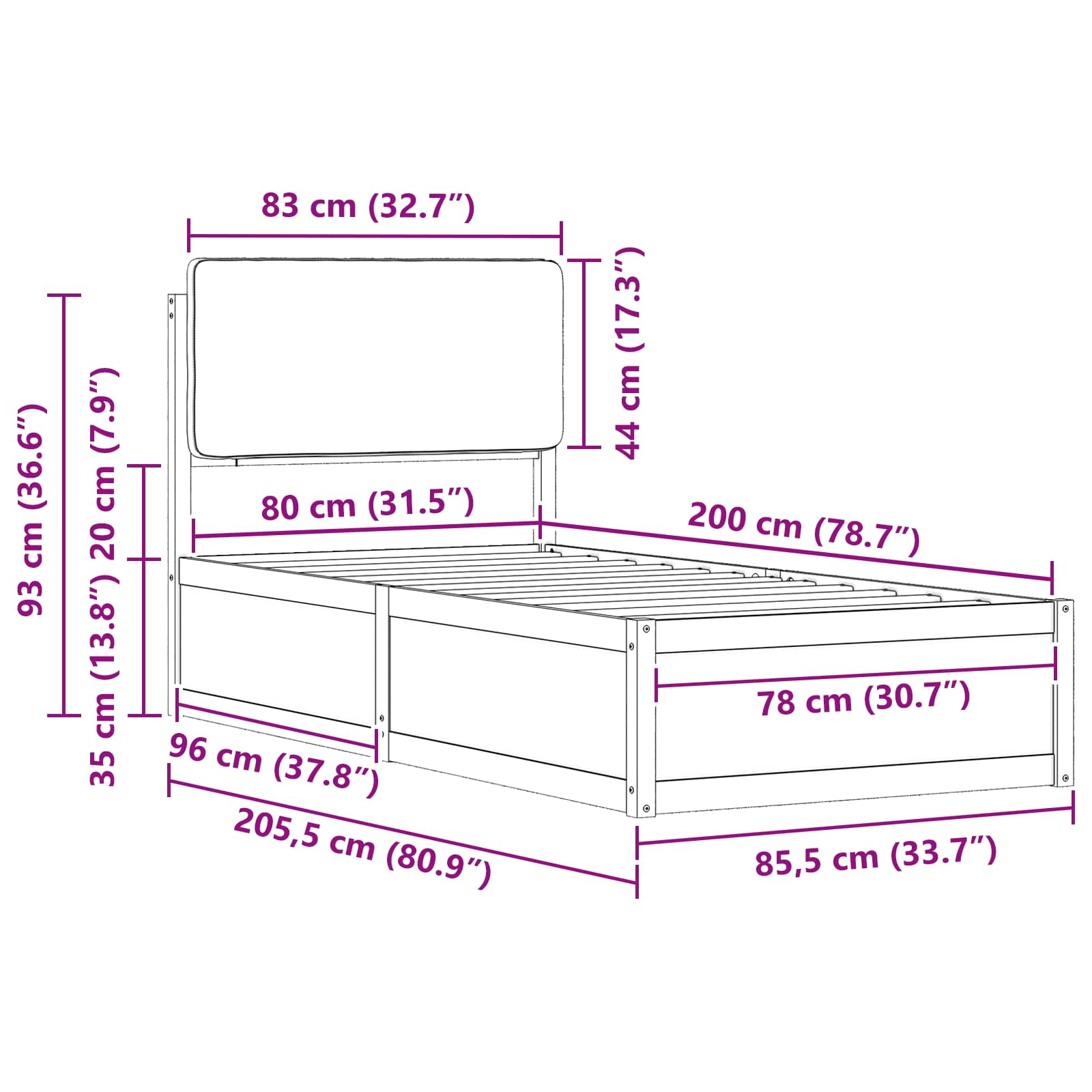 Krevetni okvir s tapiciranim uzglavljem Tamno siva 80 x 200 cm