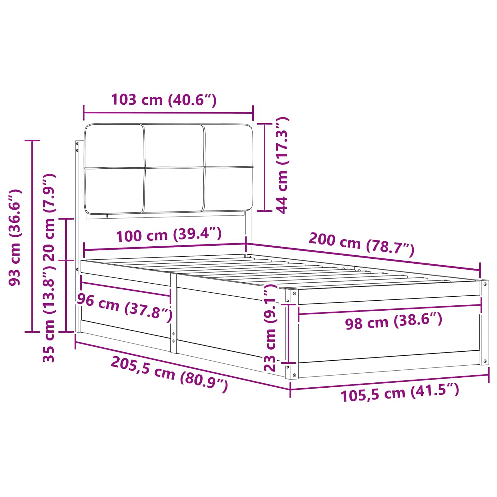 Krevetni okvir s tapiciranim uzglavljem Crna 100 x 200 cm
