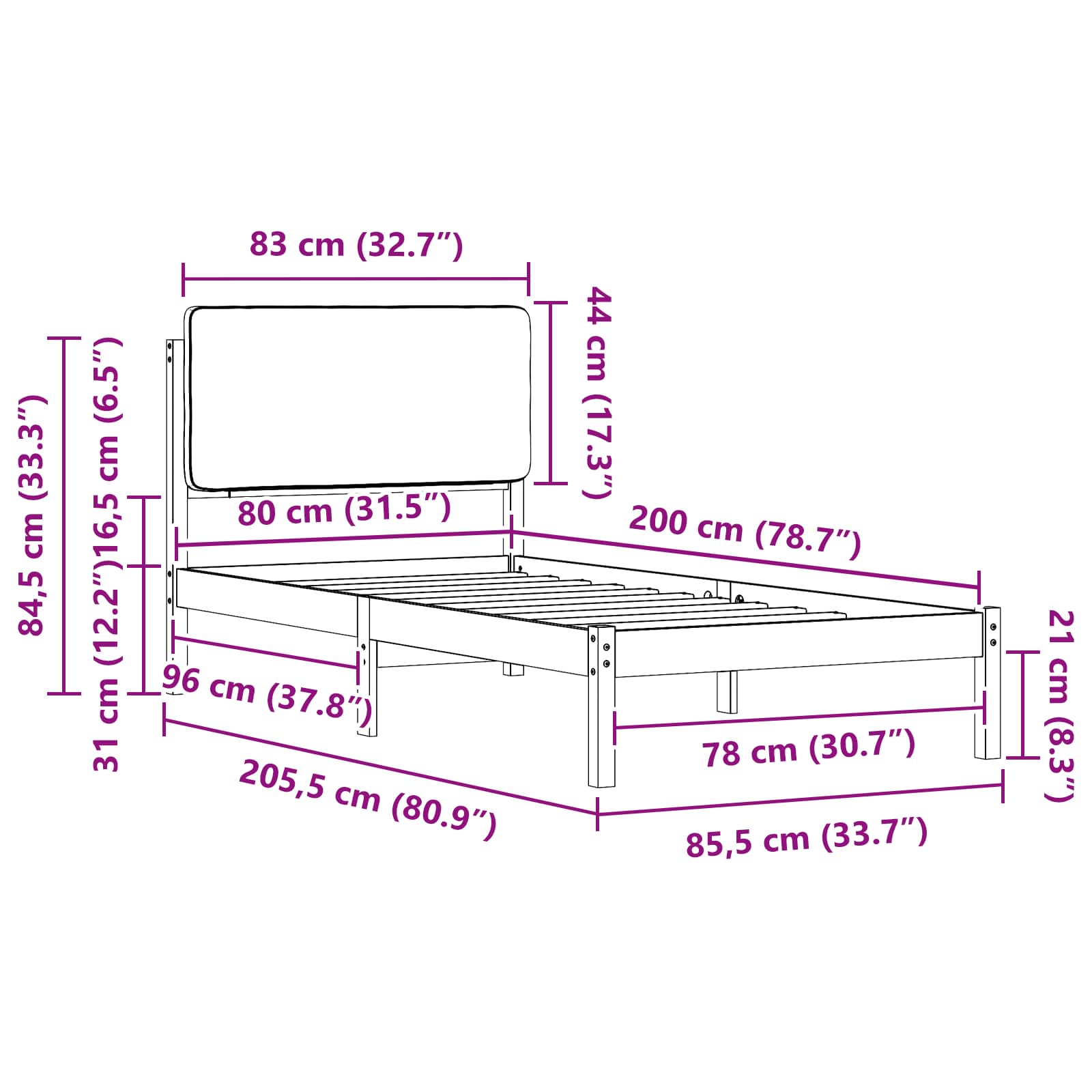 Krevetni okvir s tapiciranim uzglavljem Tamno siva 80 x 200 cm