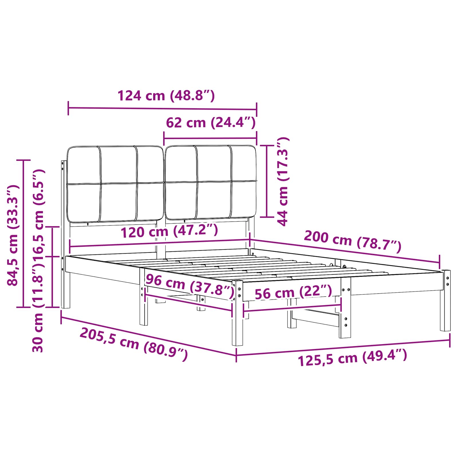 Krevetni okvir s tapiciranim uzglavljem Crna 120 x 200 cm