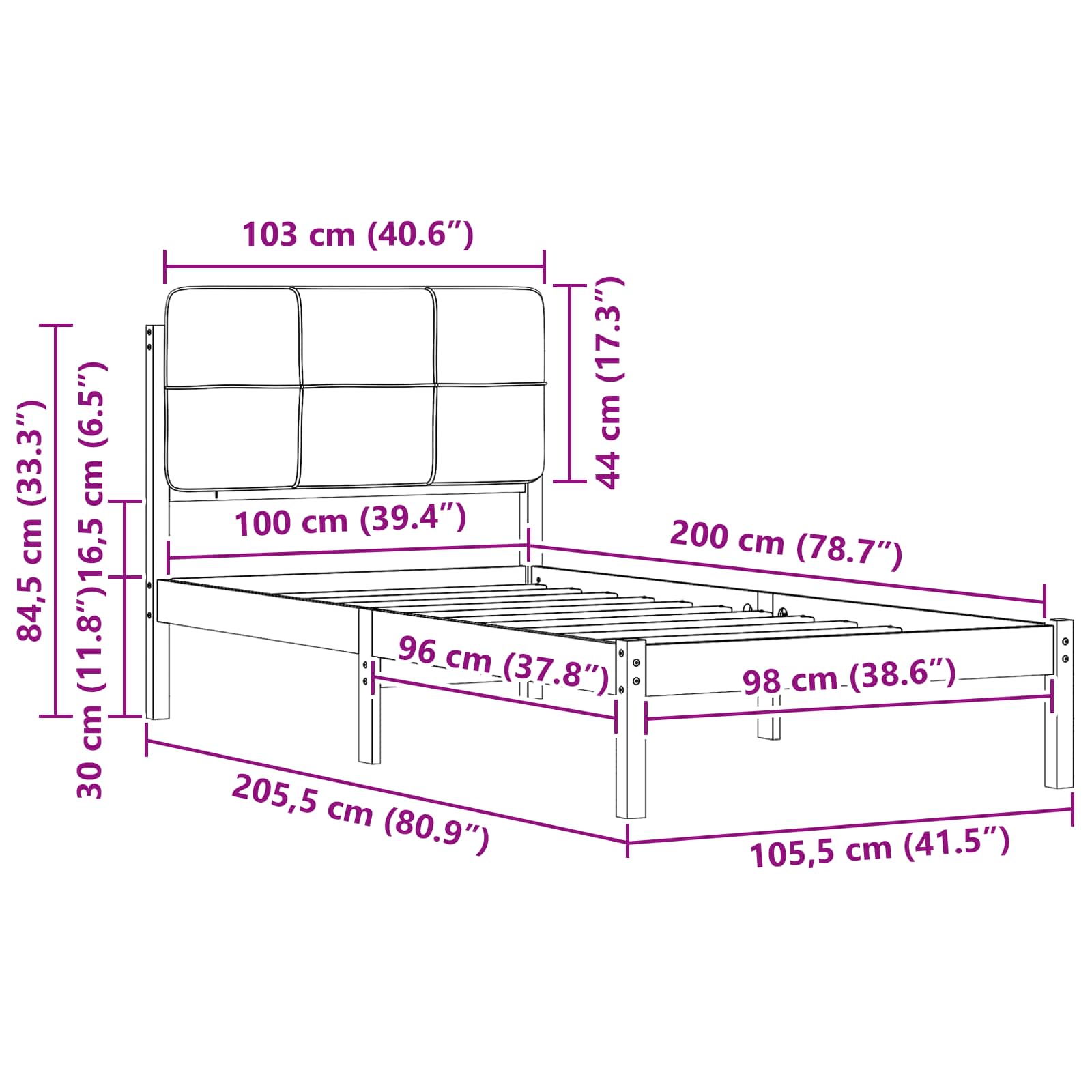 Krevetni okvir s tapiciranim uzglavljem Crna 100 x 200 cm
