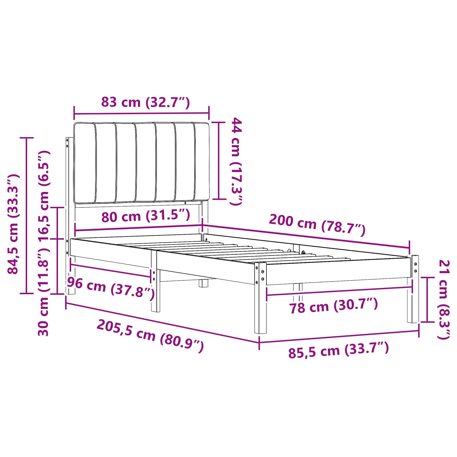 Krevetni okvir s tapiciranim uzglavljem Tamno siva 80 x 200 cm