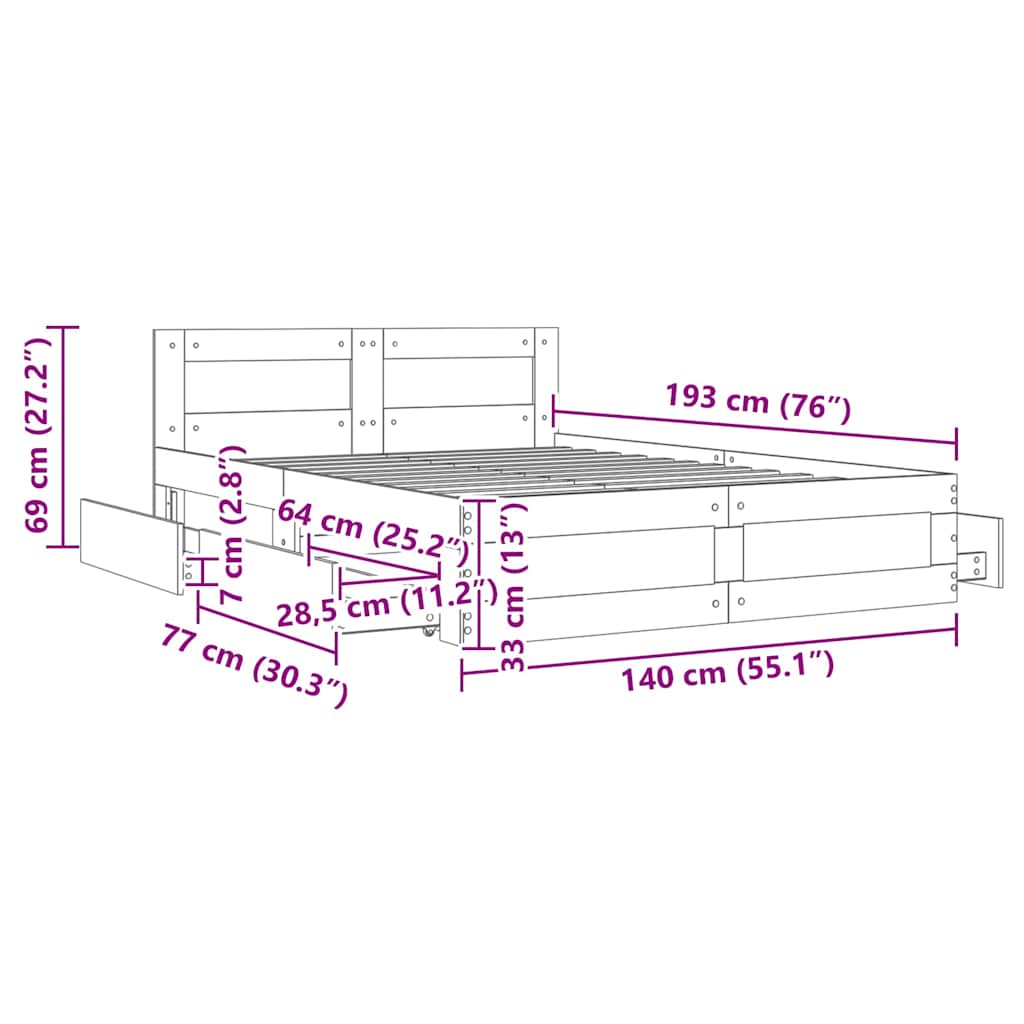 Krevetna konstrukcija s uzglavljem 2 pcs Sonoma 137 x 188 cm