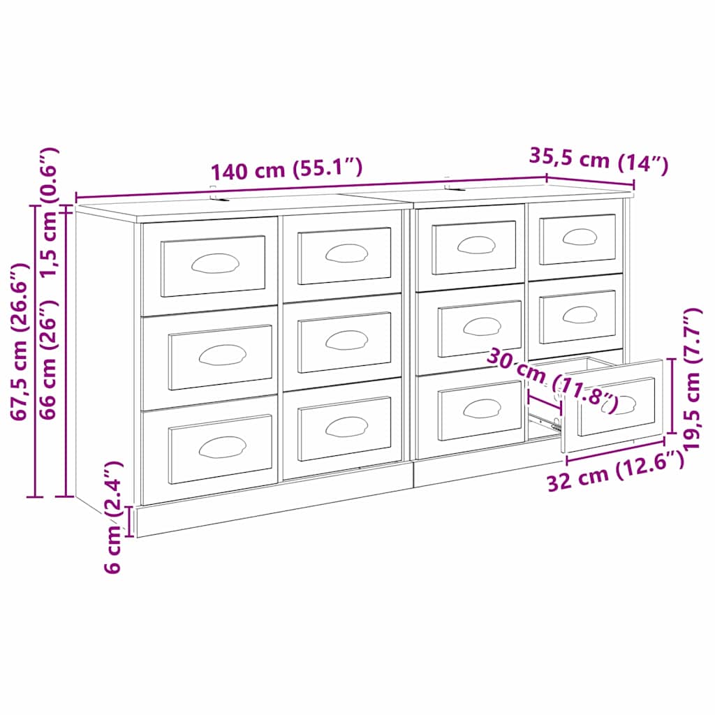 Komode 2 pcs Crni hrast 70 x 35,5 x 67,5 cm Konstruirano drvo