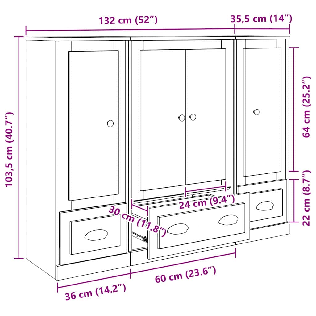 Highboard s ladicama 3 pcs Crni hrast Konstruirano drvo
