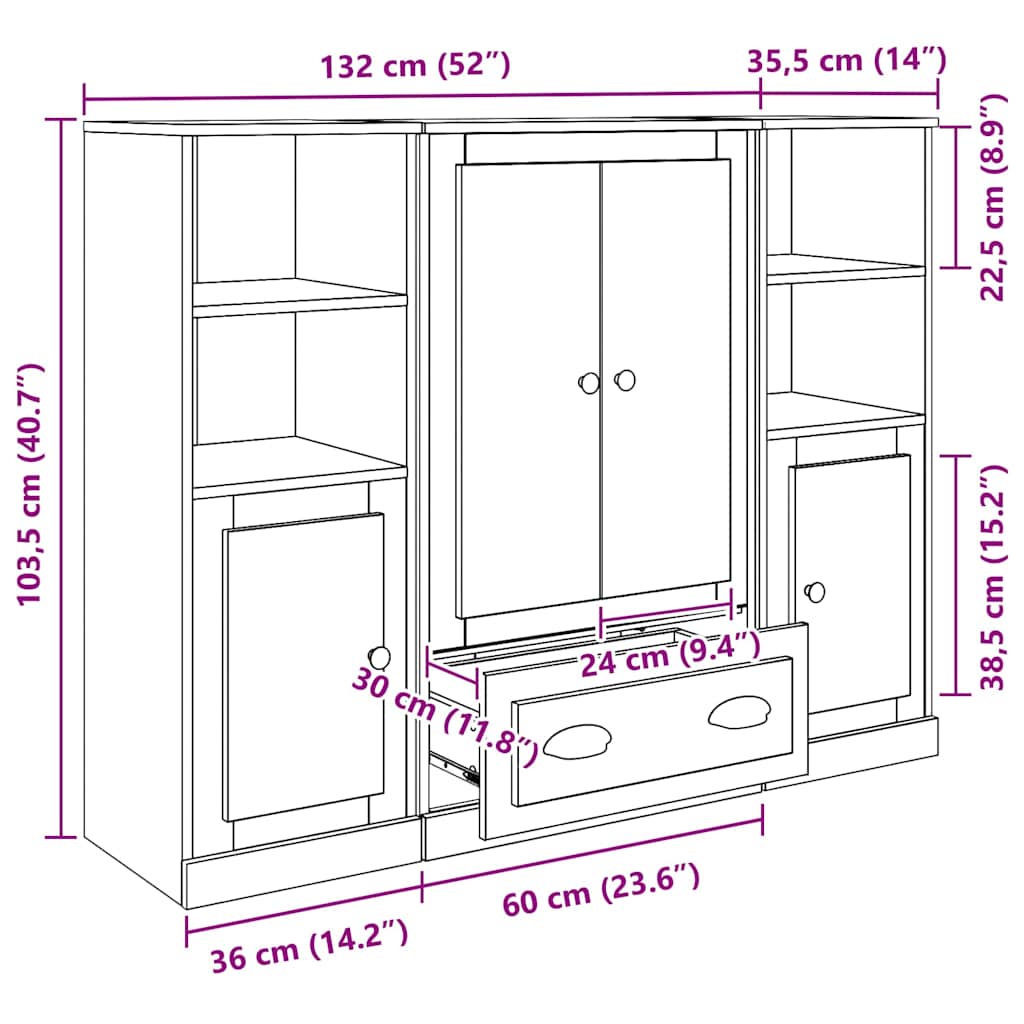 Highboard s ladicama 3 pcs Staro drvo Konstruirano drvo