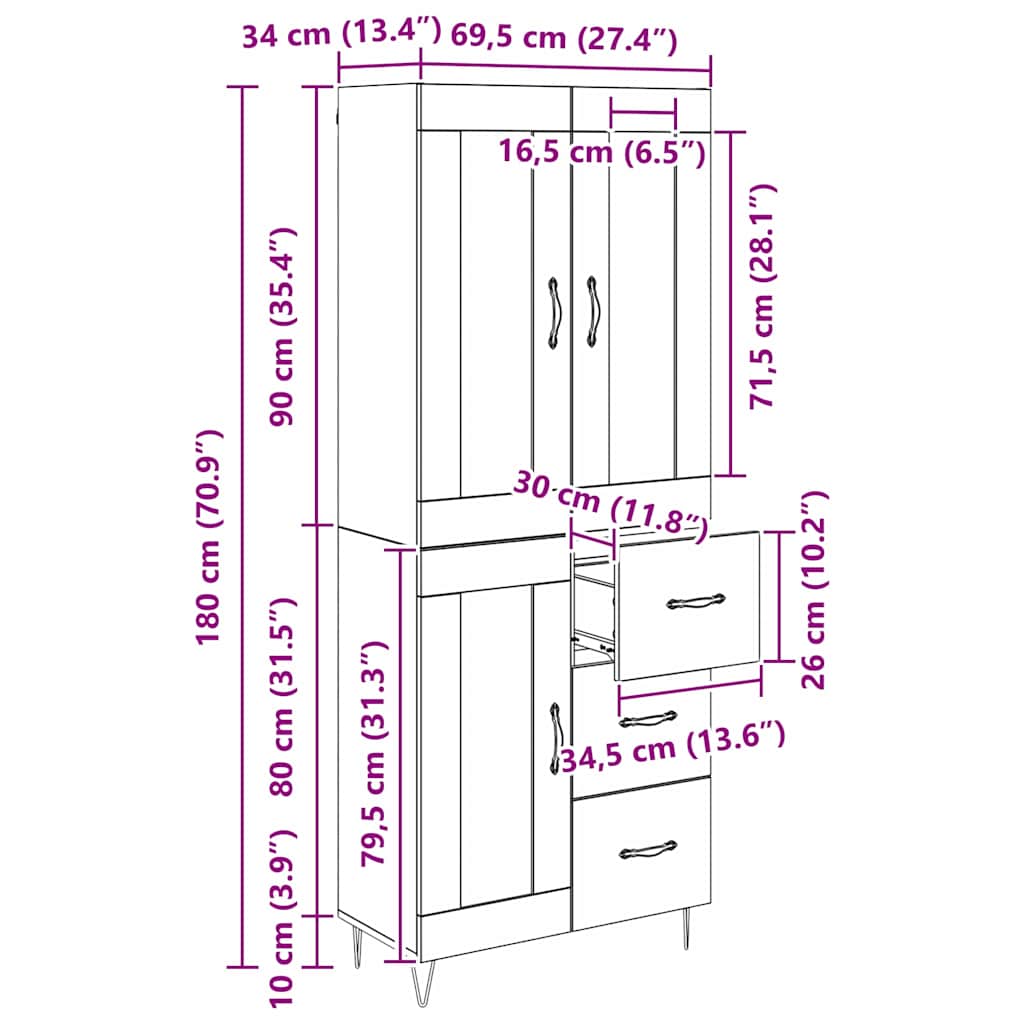 Highboard Umjetnički hrast 69,5 x 34 x 90 cm Konstruirano drvo