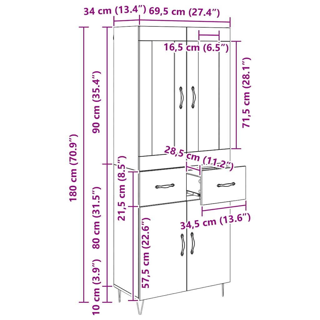 Highboard Crni hrast 69,5 x 34 x 90 cm Konstruirano drvo