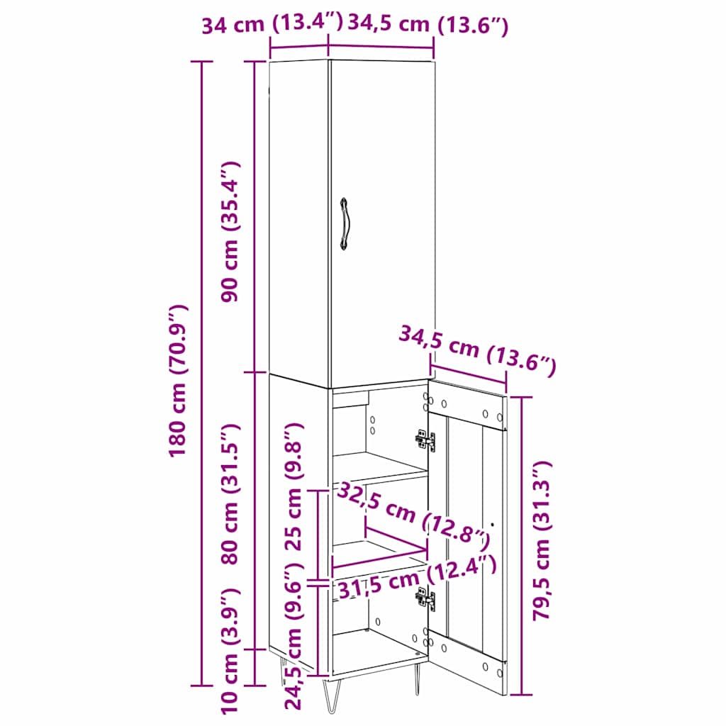 Highboard Crni hrast 34,5 x 34 x 90 cm Konstruirano drvo