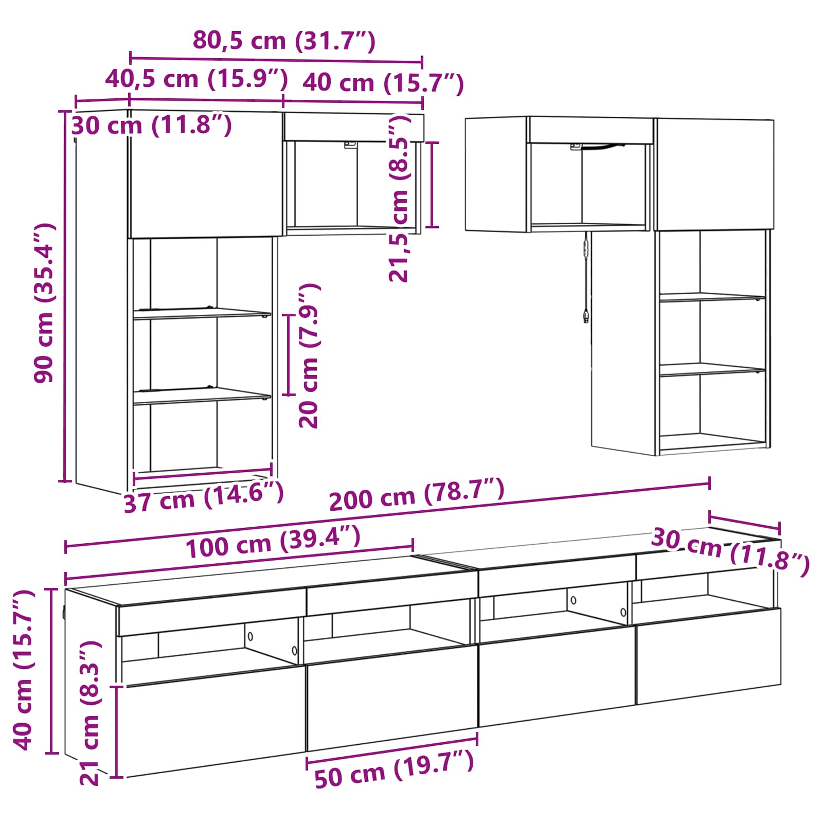 TV zidne jedinice Zidne 6 pcs Staro drvo Konstruirano drvo