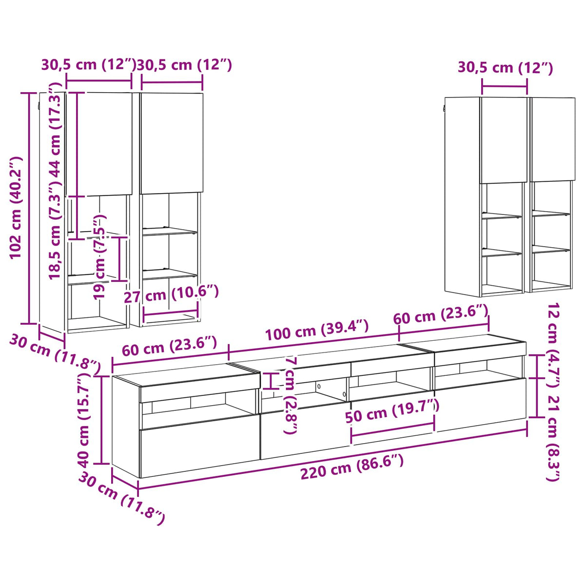 Set Zidnog TV Ormara s LED Osvjetljenjem 7 pcs hrast artisan