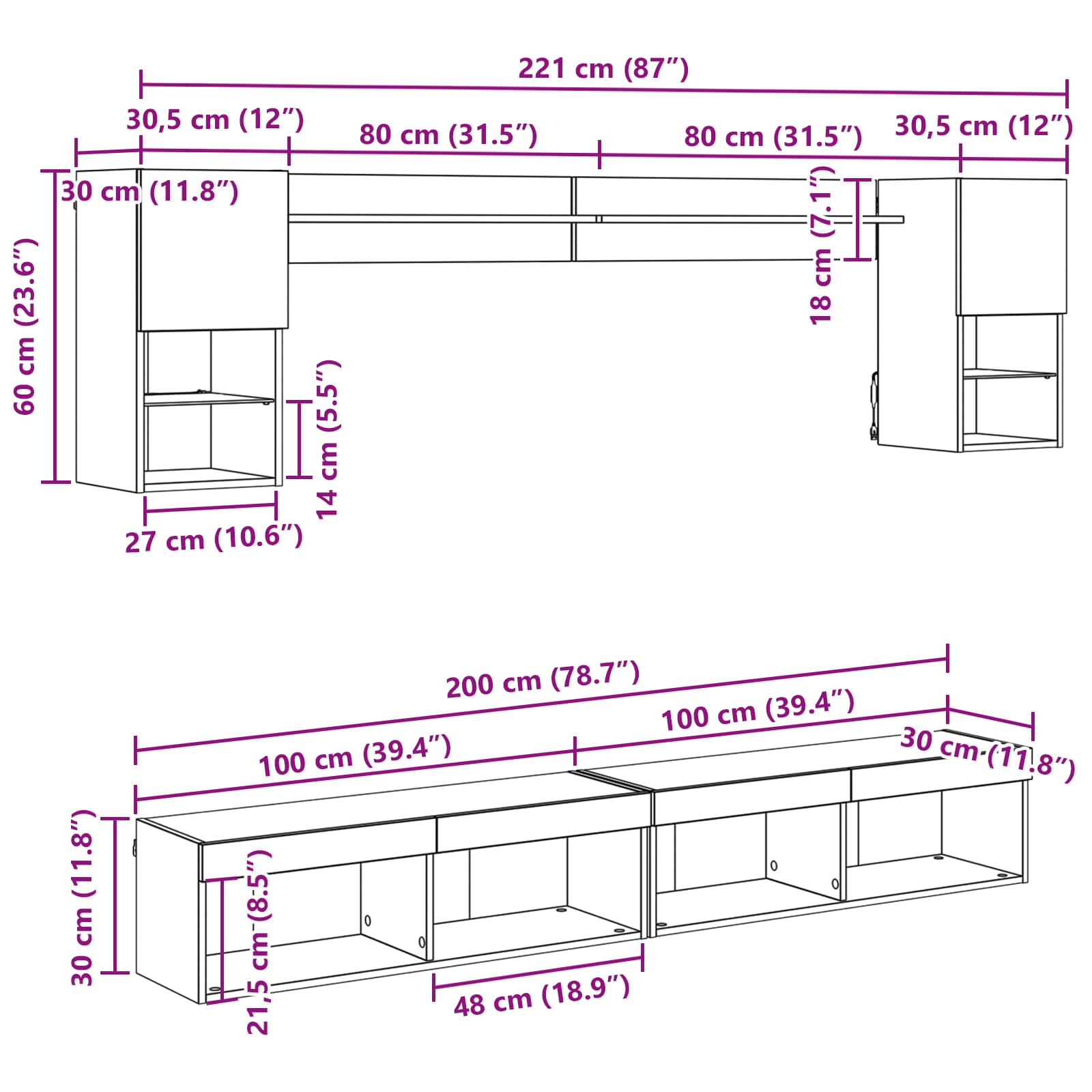 TV zidne jedinice s LED-om Zidne 6 pcs Umjetnički hrast