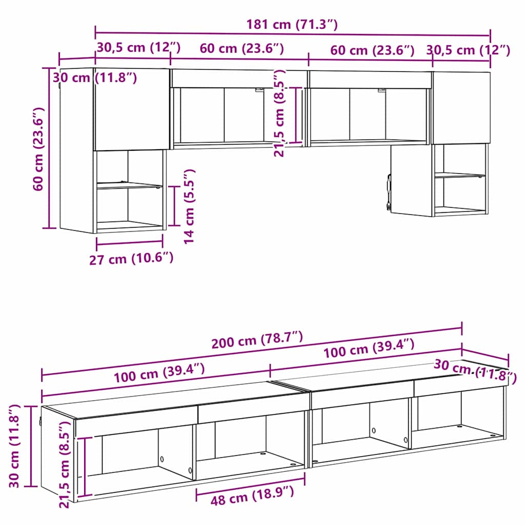 TV zidne jedinice s LED-om 6 pcs Staro drvo Konstruirano drvo