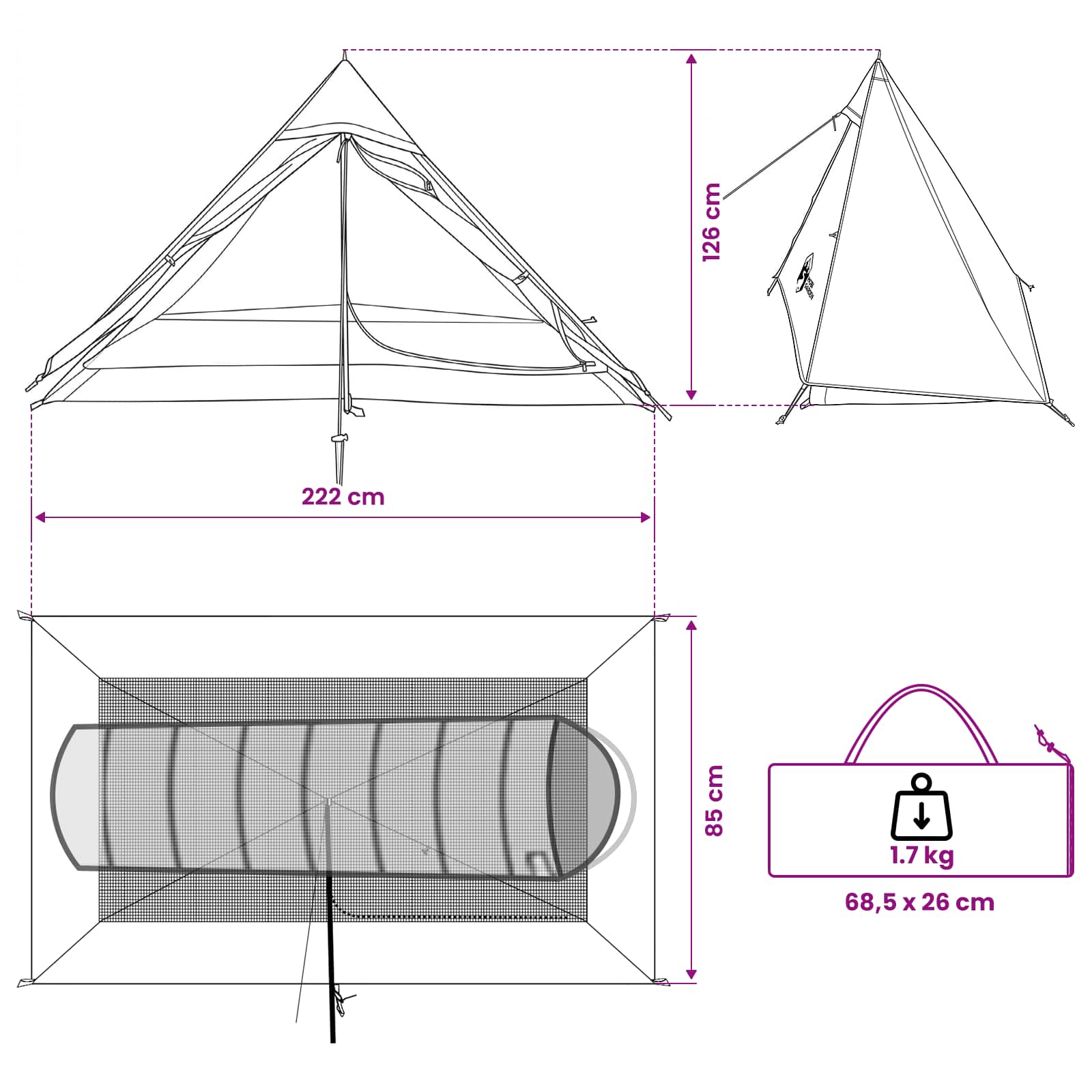 Šator za planinarenje Plava 222 x 85 x 125 cm