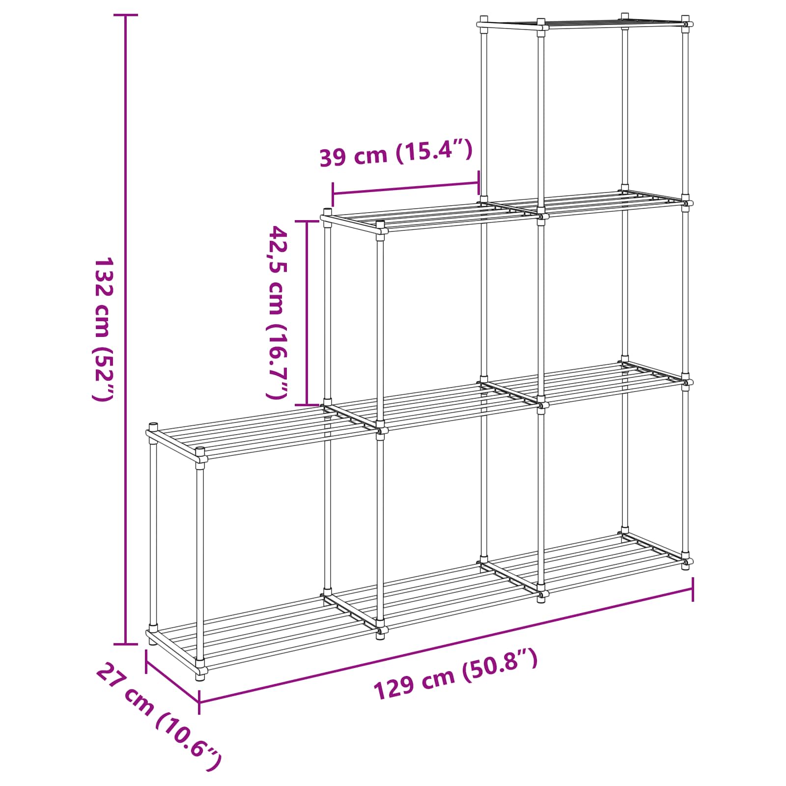 Cijevna polica s pohranom Bijelo 129 x 27 x 132 cm Aluminij