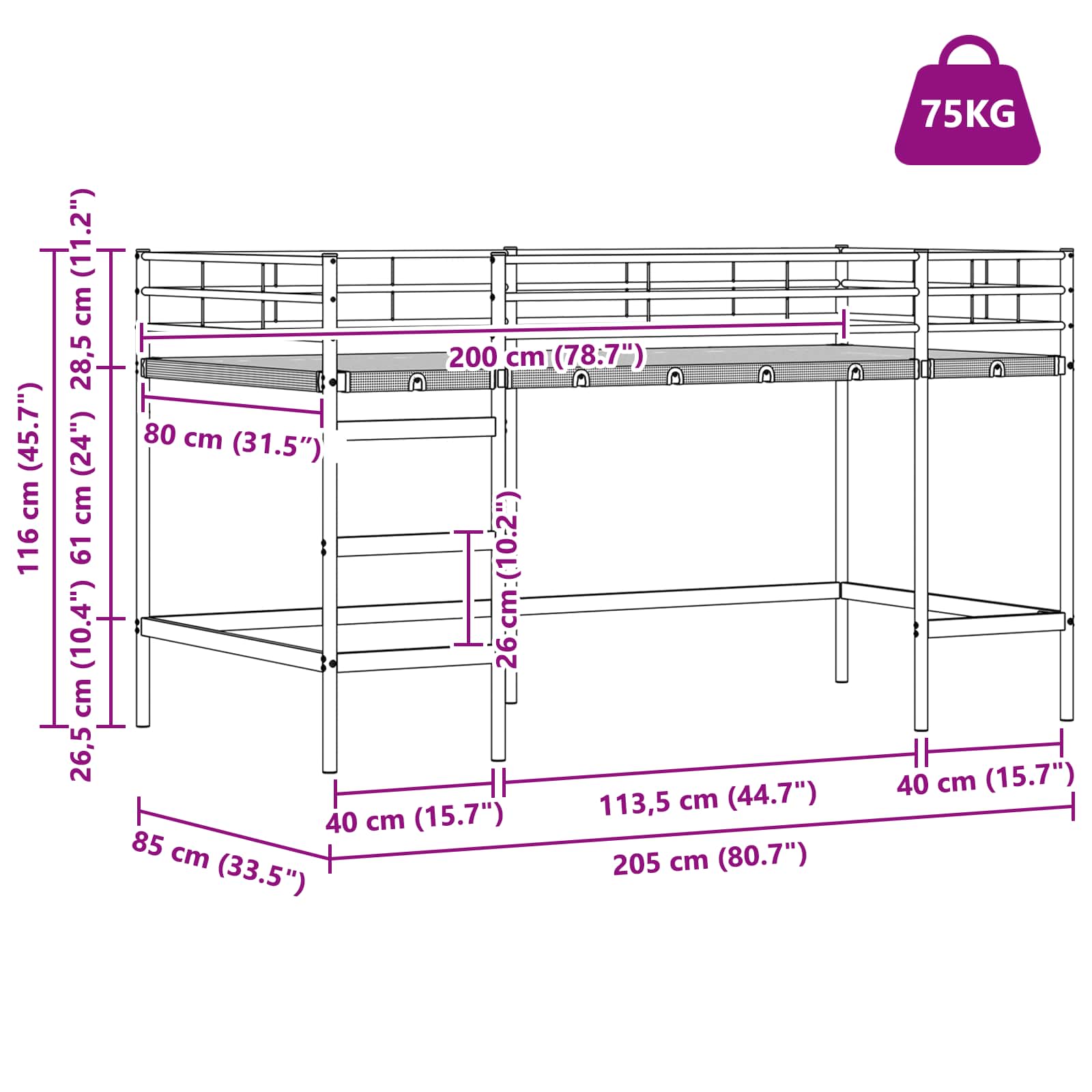 Okvir Krevet za Dječji Loft Bijelo 79,5 x 200 cm Čelik