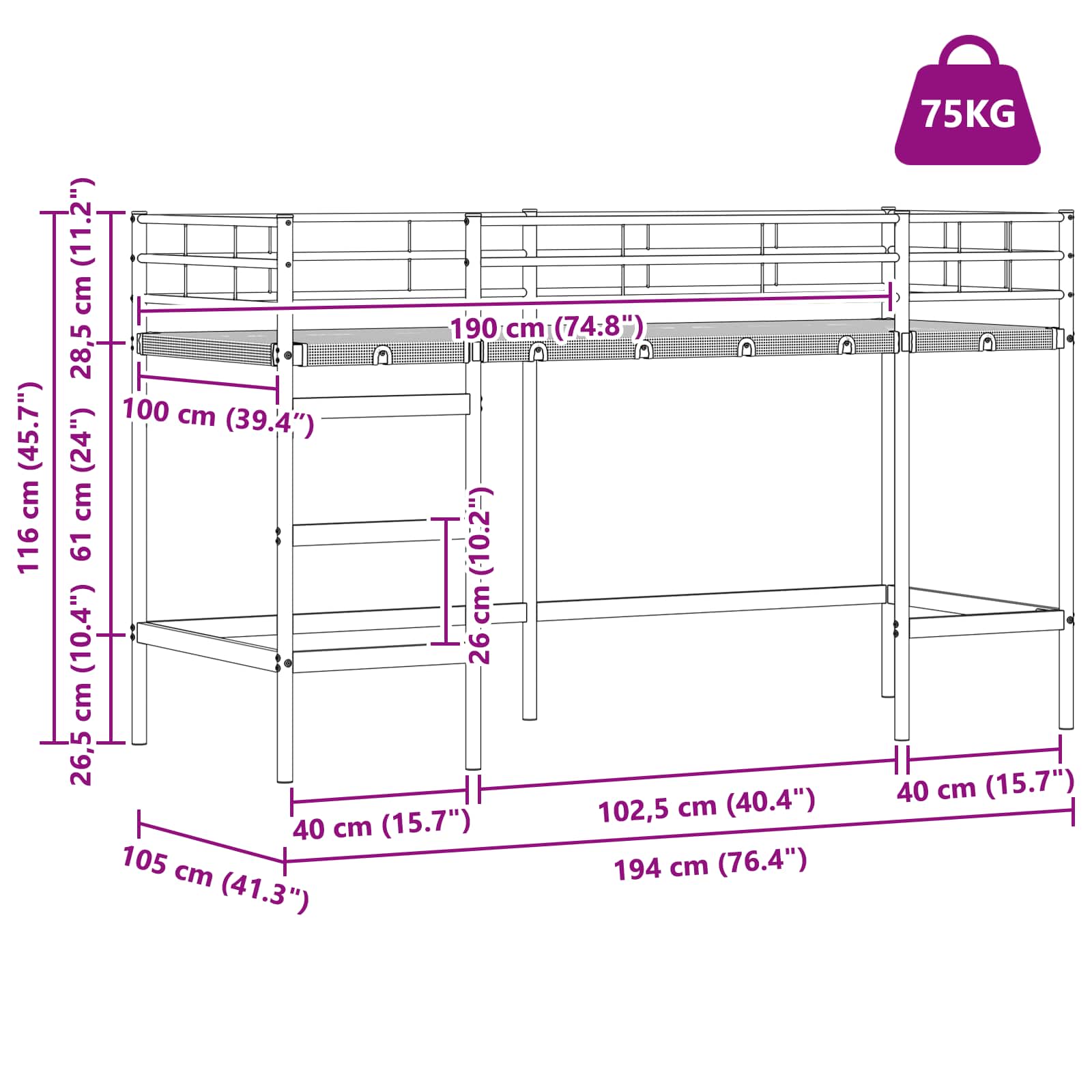 Okvir Krevet za Dječji Loft Bijelo 99,5 x 190 cm Čelik