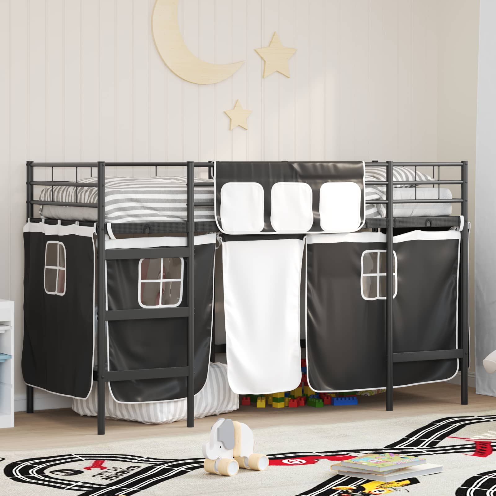 Krevet na kat za djecu s zavjesama Crna 90 x 190 cm