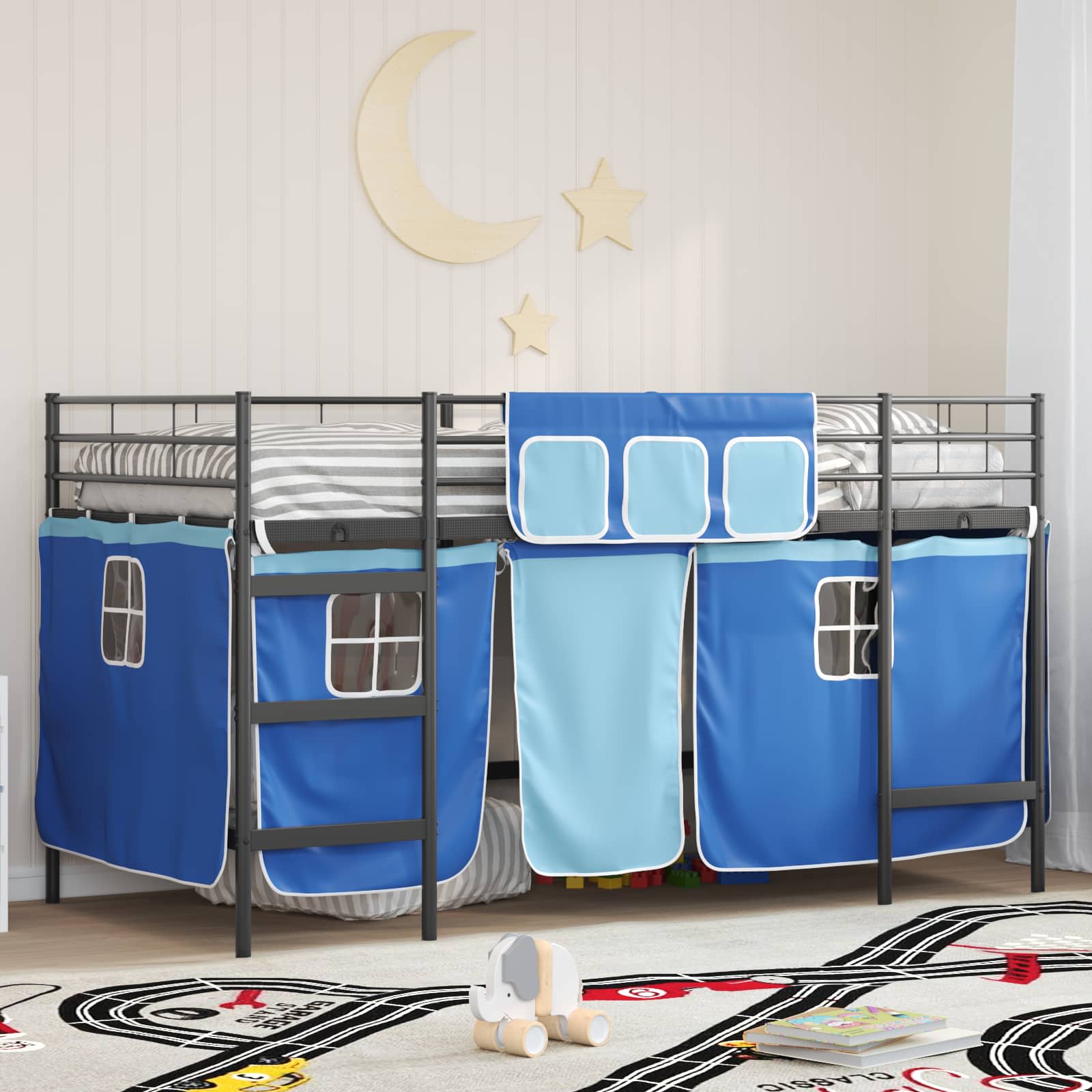 Krevet na kat za djecu s zavjesama Crna i Plava 107 x 200 cm