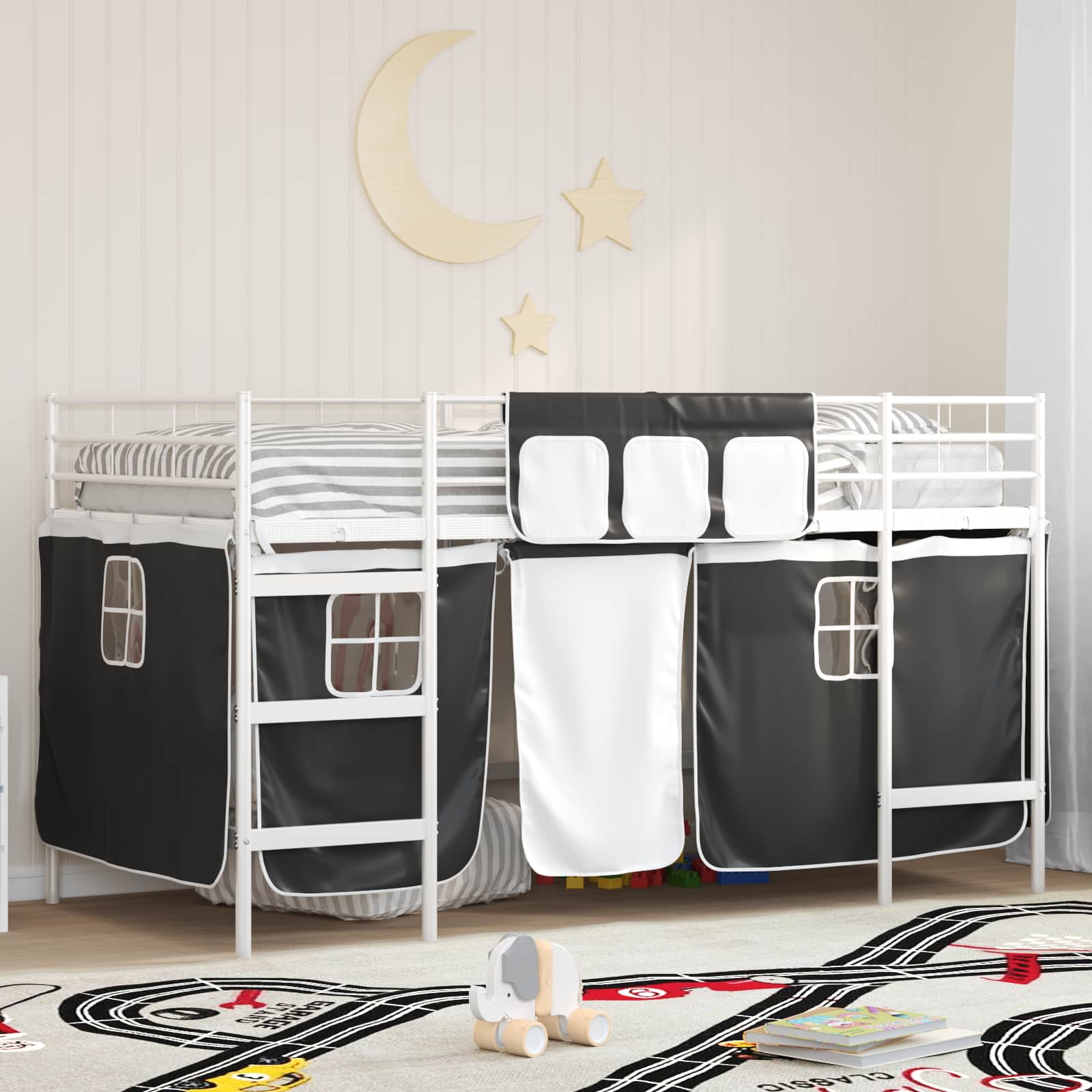 Krevet na kat za djecu s zavjesama Bijela i crna 80 x 200 cm