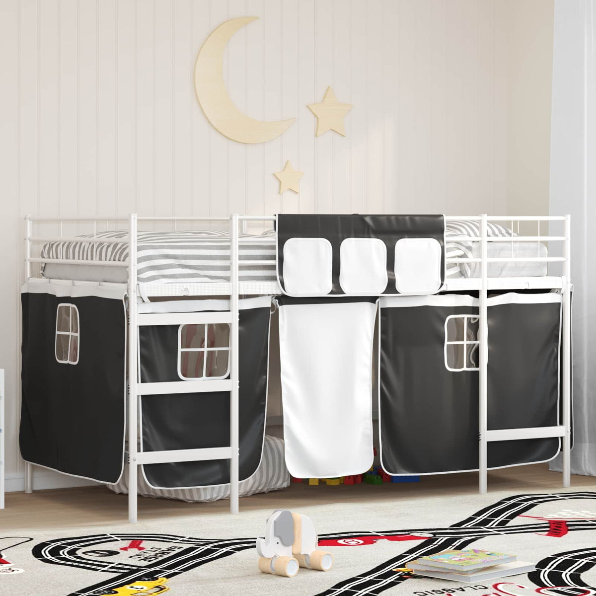 Krevet na kat za djecu s zavjesama Bijela i crna 107 x 200 cm