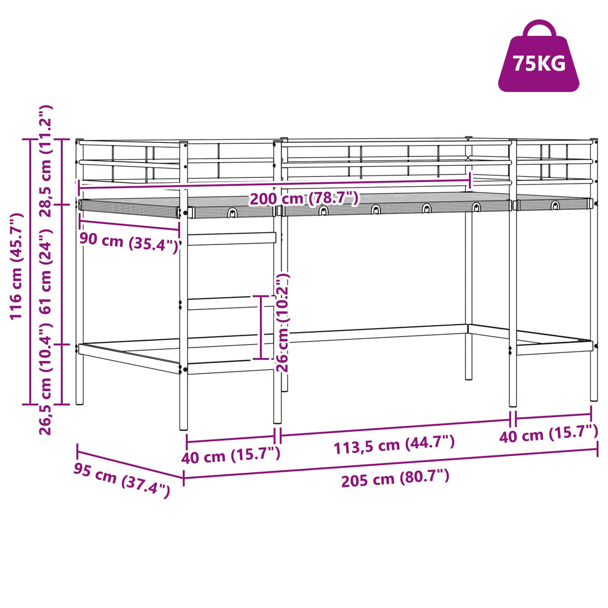 Krevet na kat za djecu s zavjesama Bijela i Plava 90 x 200 cm