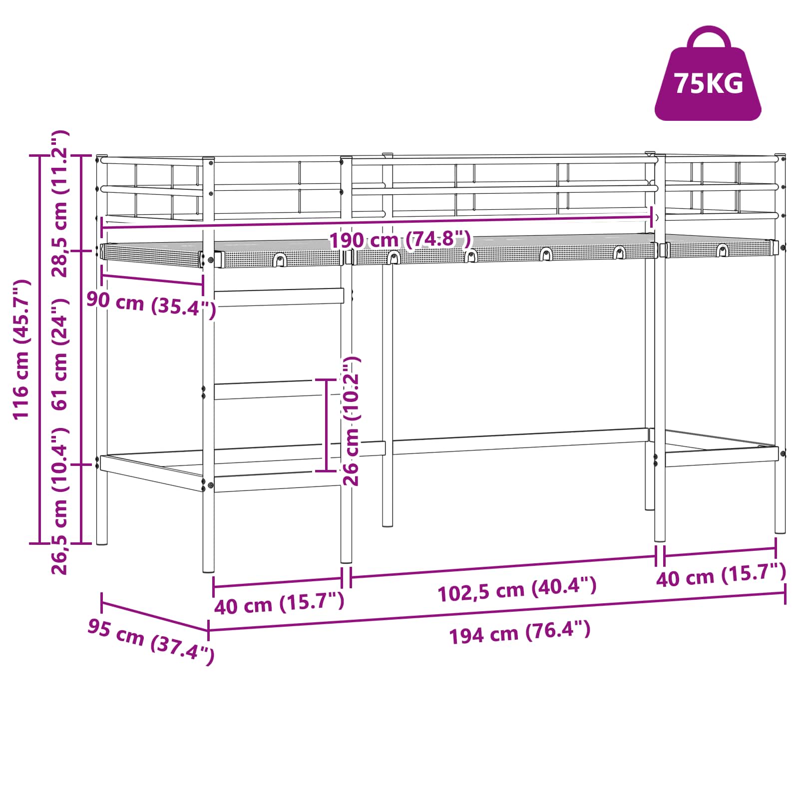 Okvir Krevet za Dječji Loft Crna 90 x 190 cm Metal