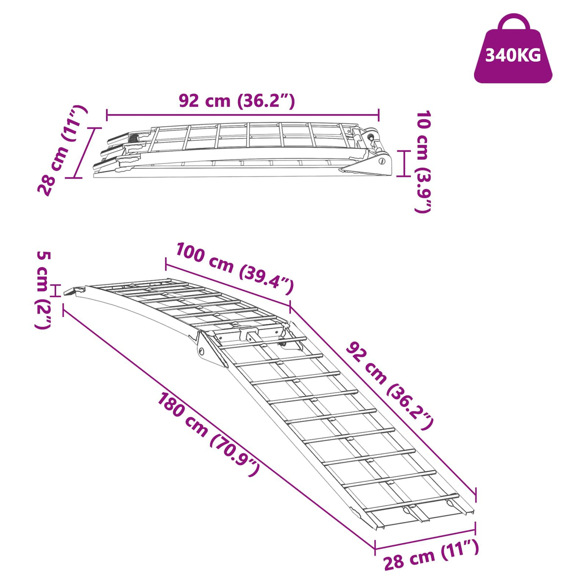Ramp za motocikle Srebrno 180 x 28 x 5 cm Aluminij