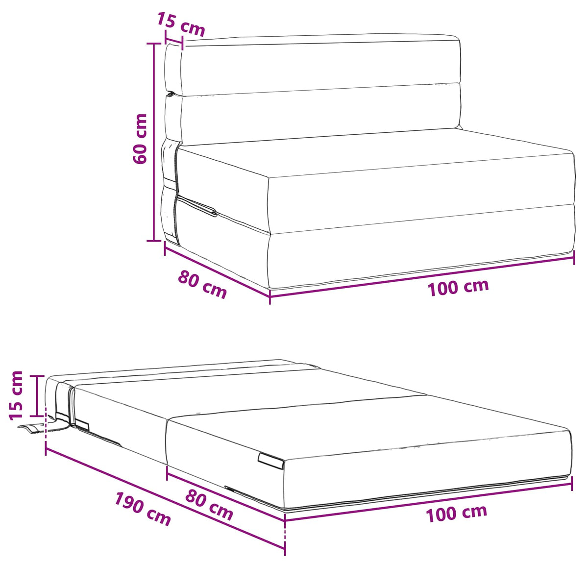 Preklopni madrac za sofu Crna 100 x 80 x 60 cm Tkanina