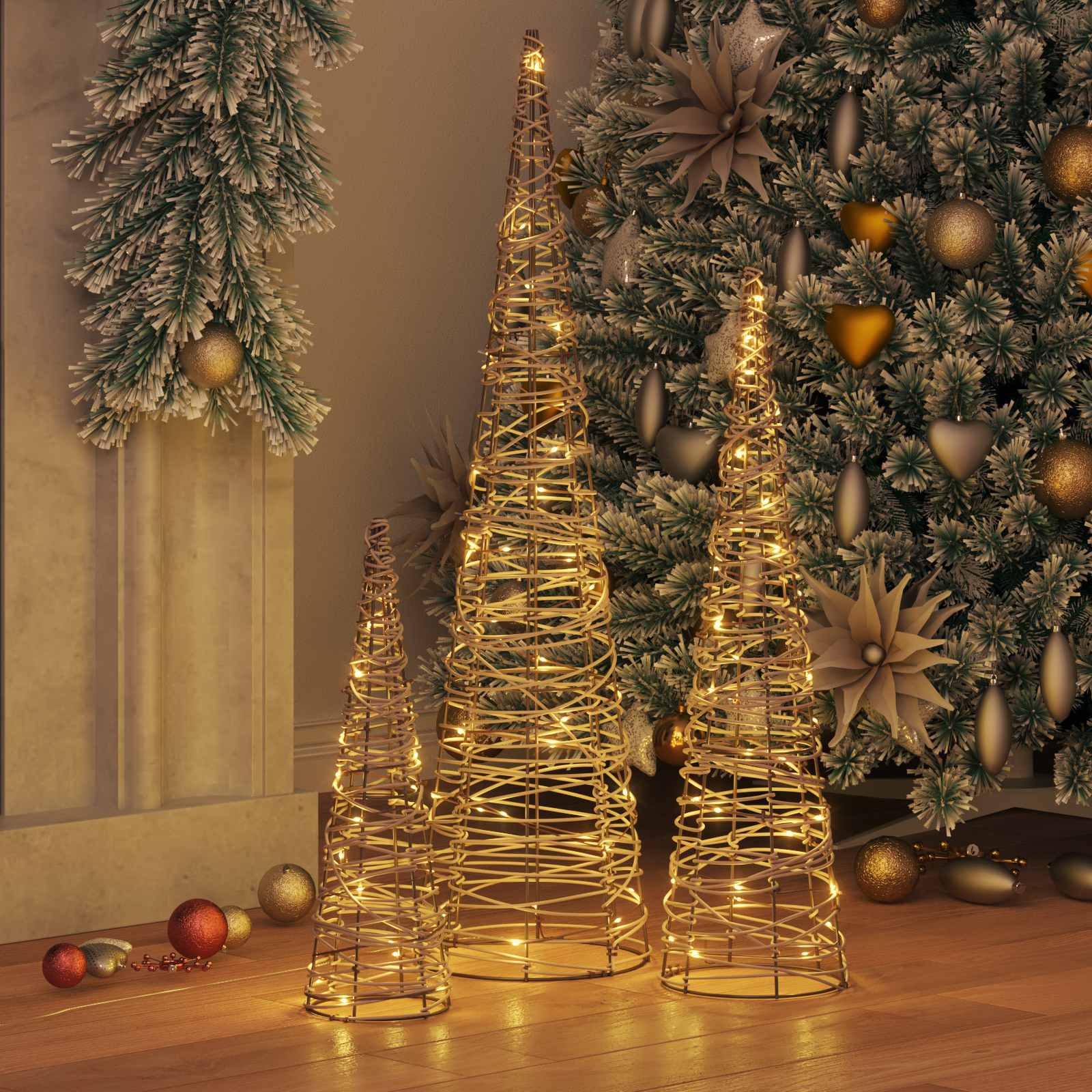 Božićno drvce 3 pcs Topla bijela 20 x 20 x 80 cm Ratan