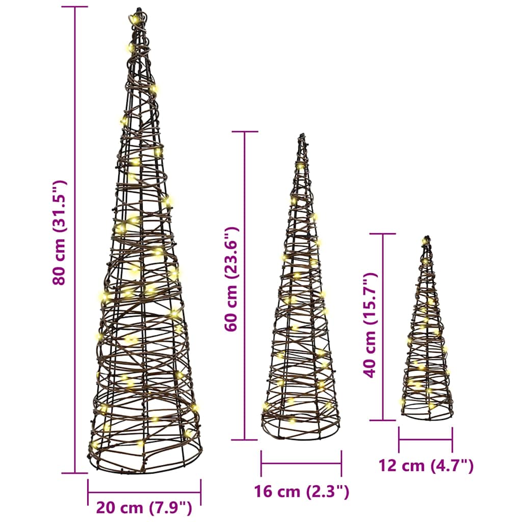 Božićno drvce 3 pcs Topla bijela 20 x 20 x 80 cm Ratan