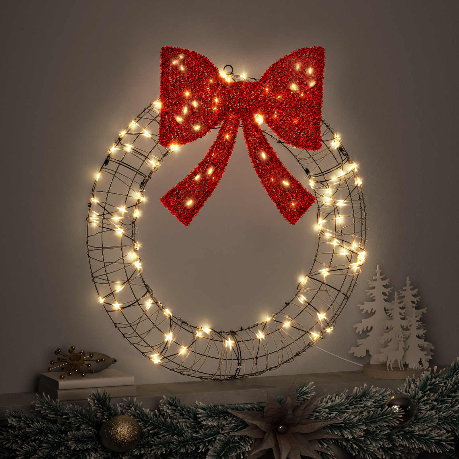 Vijenac s 60 LED svjetlima Topla bijela 75 x 75 x 8 cm Ratan