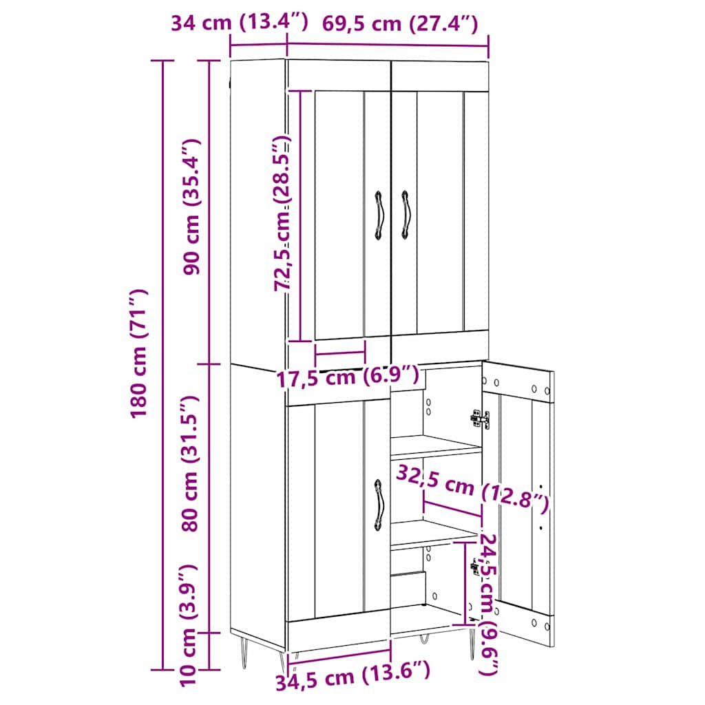 Highboard Crni hrast 69,5 x 34 x 180 cm Konstruirano drvo
